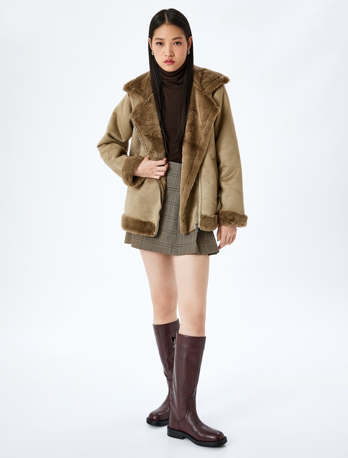  Suni Kürk Yaka Deri Görünümlü Fermuarlı Cepli Biker Ceket