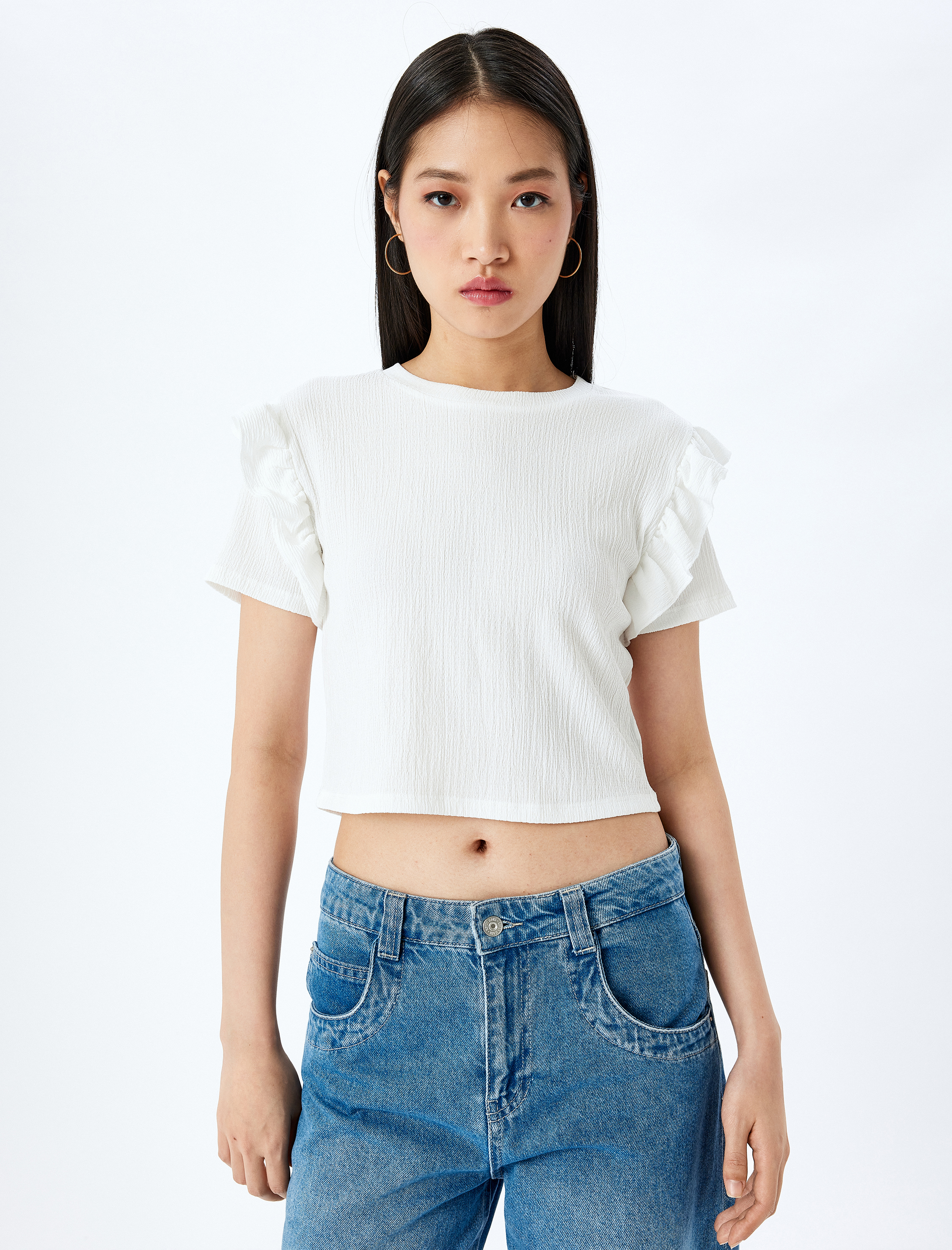 Fırfır Detaylı Kısa Kollu Bisiklet Yaka Tişört Bürümcük