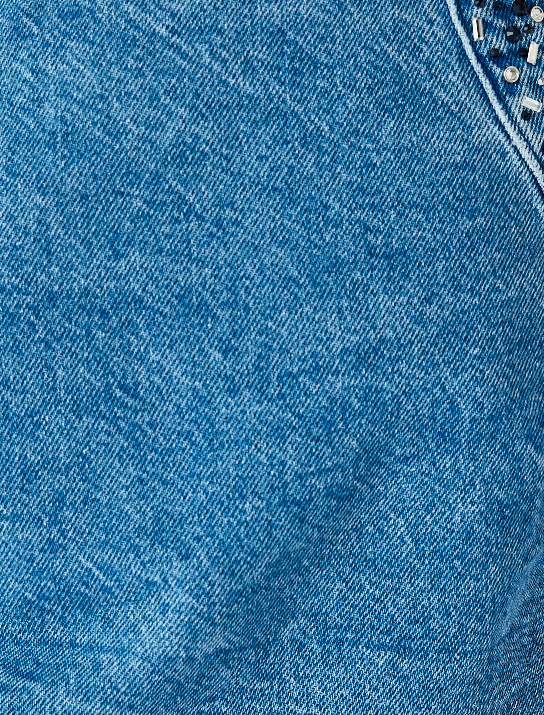   Taş Detaylı Sırtı Bağcıklı Crop Kolsuz Denim Bluz