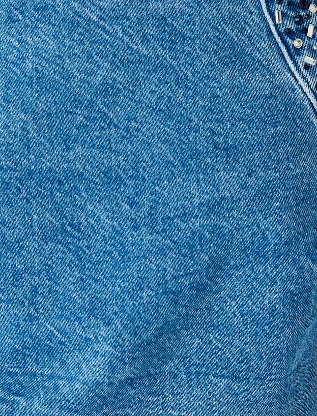Taş Detaylı Sırtı Bağcıklı Crop Kolsuz Denim Bluz_5