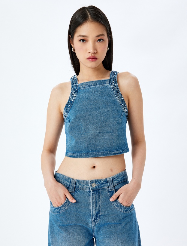 Taş Detaylı Sırtı Bağcıklı Crop Kolsuz Denim Bluz_2