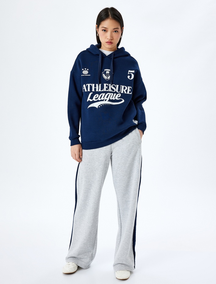  Şardonlu Kapüşonlu Kolej Baskılı Oversize Sweatshirt