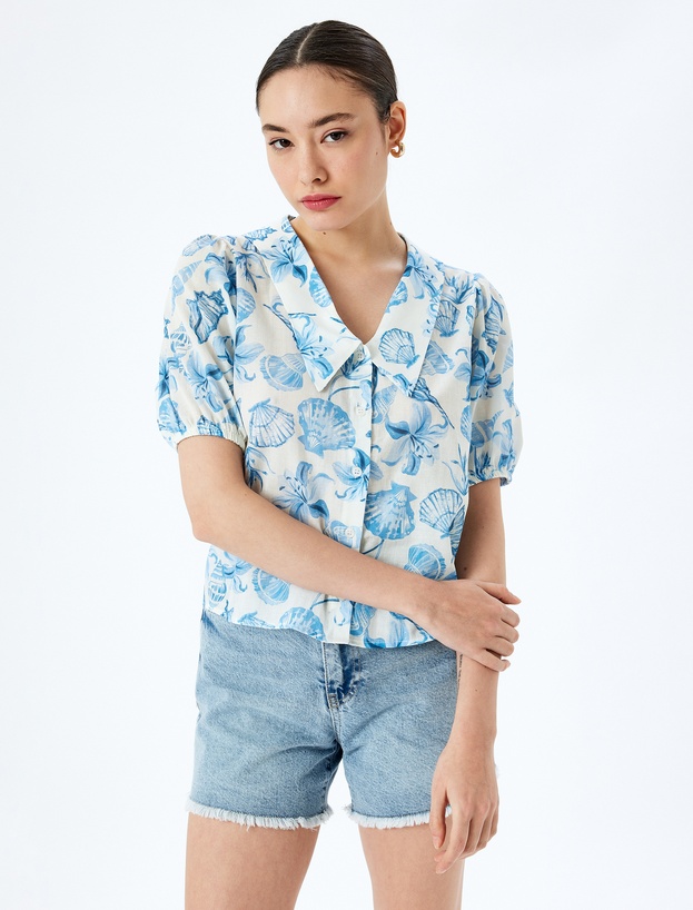 Balon Kol Çiçekli Düğmeli Crop Oversize Gömlek_1