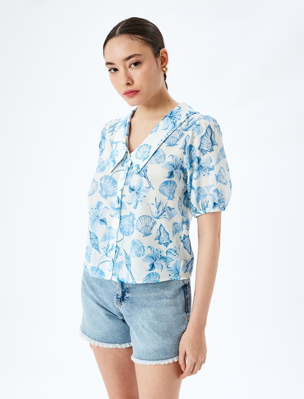 Balon Kol Çiçekli Düğmeli Crop Oversize Gömlek_2