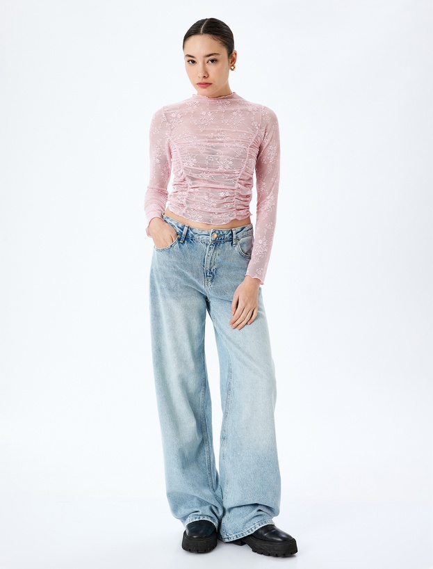Drapeli Slim Fit Uzun Kollu Dantelli Tişört_0
