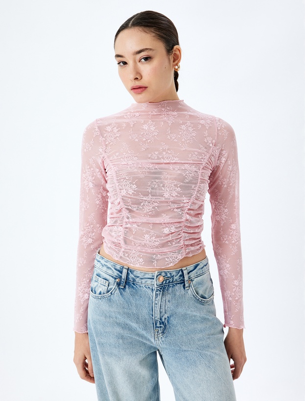Drapeli Slim Fit Uzun Kollu Dantelli Tişört_2