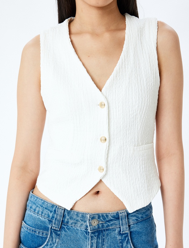 Düğme Detaylı Kolsuz V Yaka Slim Fit Yelek_4
