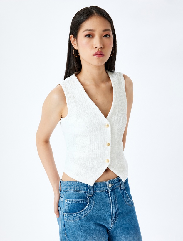 Düğme Detaylı Kolsuz V Yaka Slim Fit Yelek_0