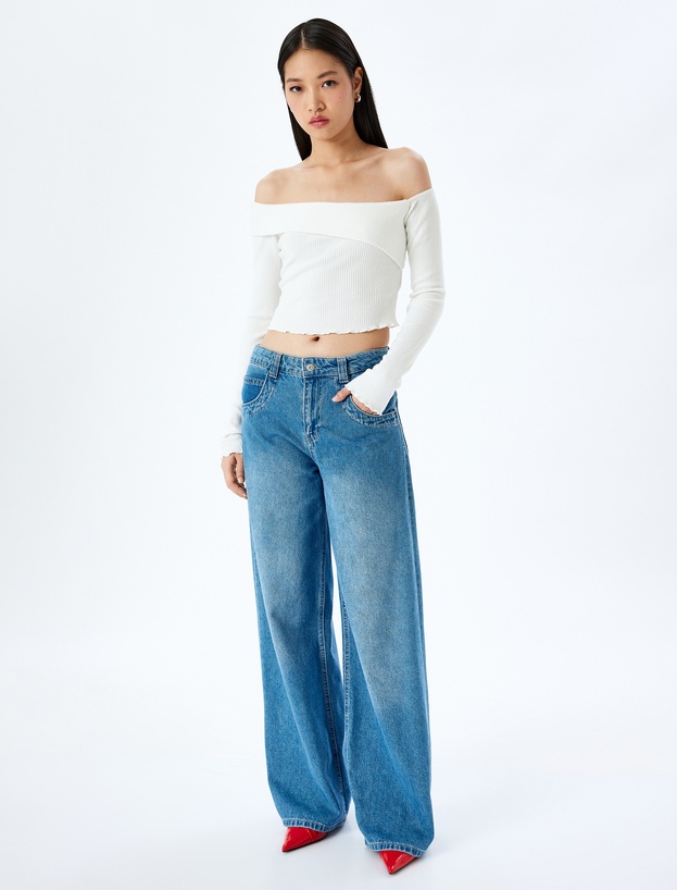 Omzu Açık Madonna Yaka Slim Fit Crop Uzun Kollu Tişört_1