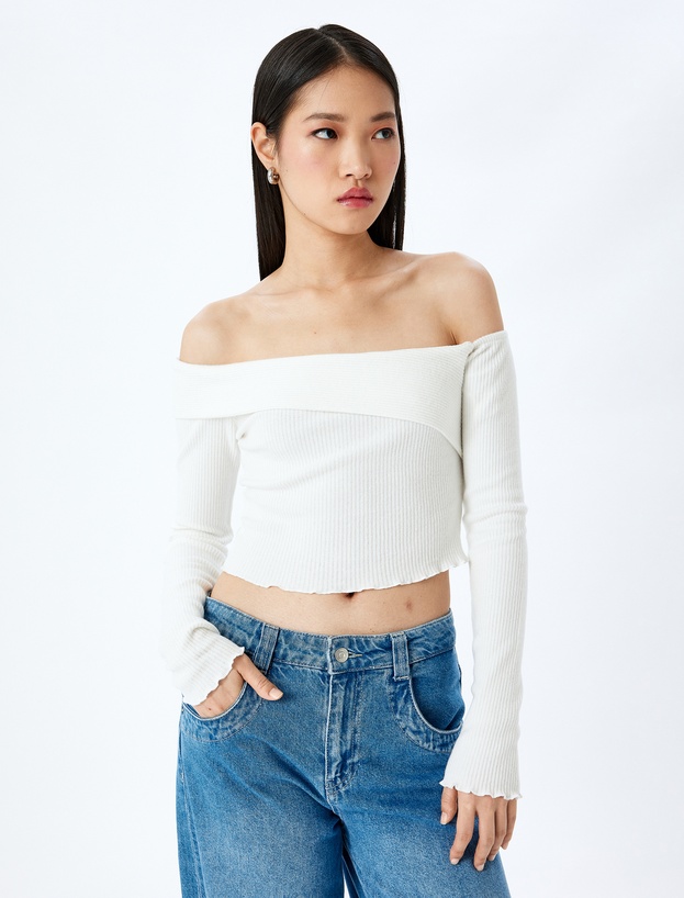 Omzu Açık Madonna Yaka Slim Fit Crop Uzun Kollu Tişört_2