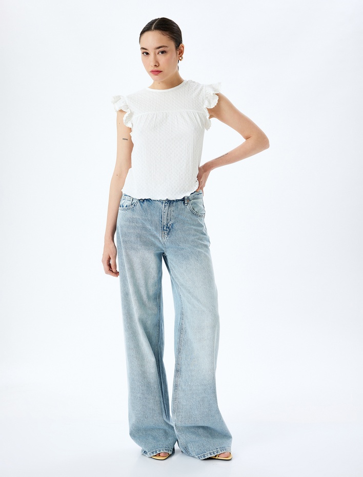  Fırfır Detaylı Kolsuz Bisiklet Yaka Tişört Bürümcük