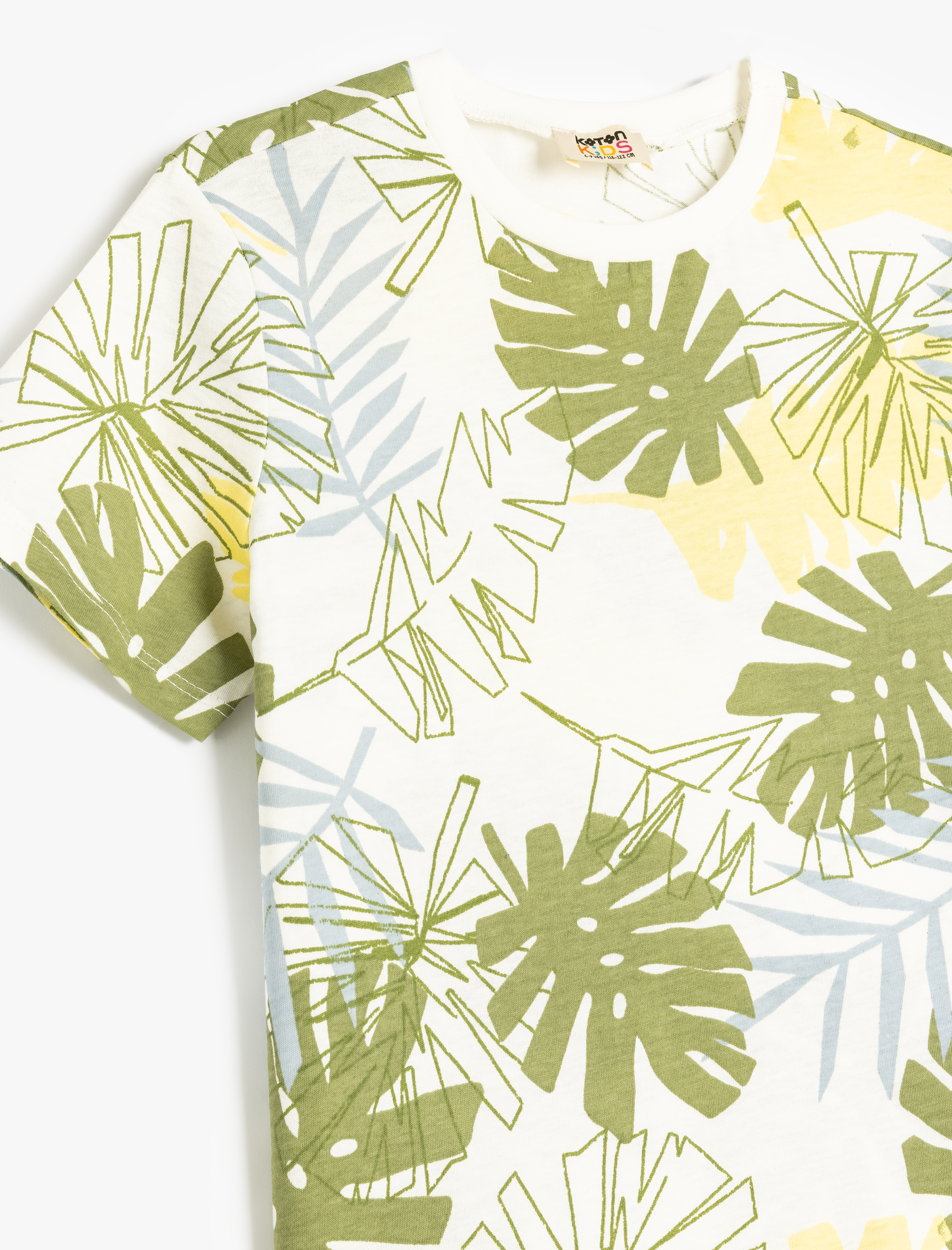  Erkek Çocuk Yaprak Baskılı Pamuklu Kısa Kollu Bisiklet Yaka Tişört