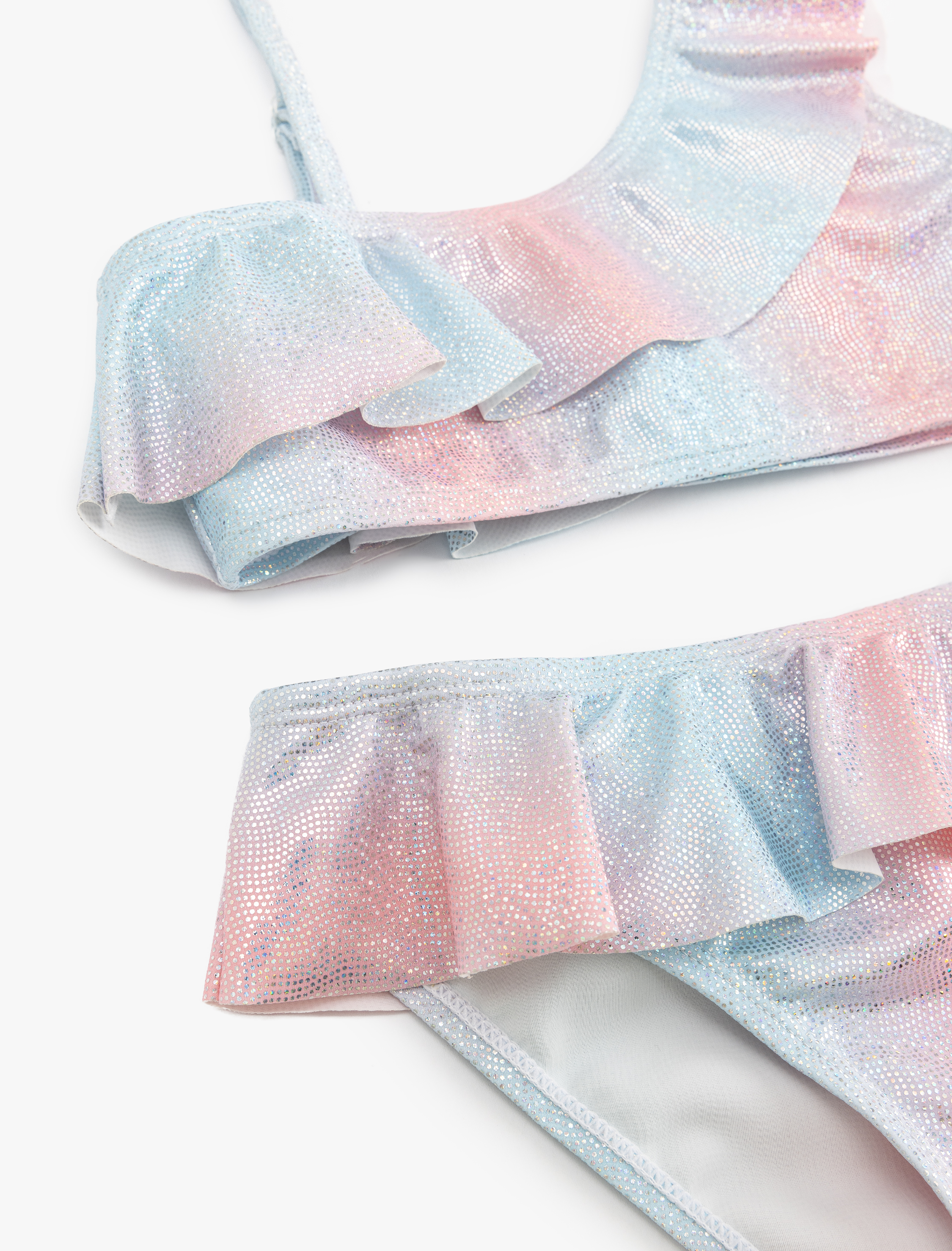  Kız Çocuk Bikini Takımı Fırfırlı Tek Omuz İnce Askılı