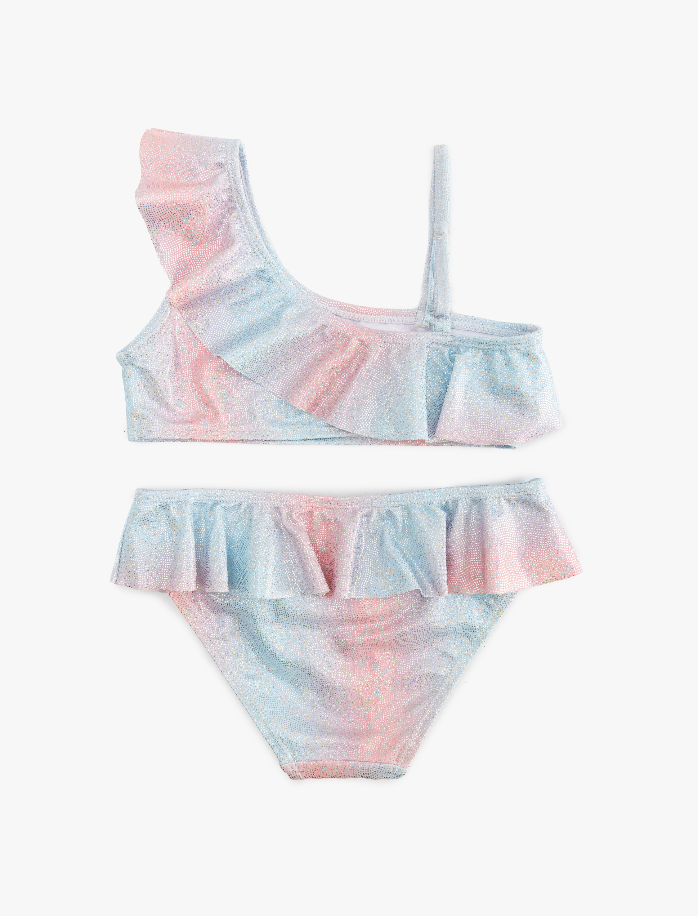  Kız Çocuk Bikini Takımı Fırfırlı Tek Omuz İnce Askılı