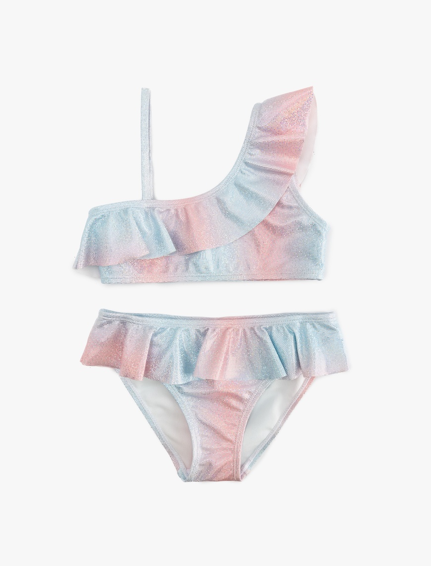  Kız Çocuk Bikini Takımı Fırfırlı Tek Omuz İnce Askılı