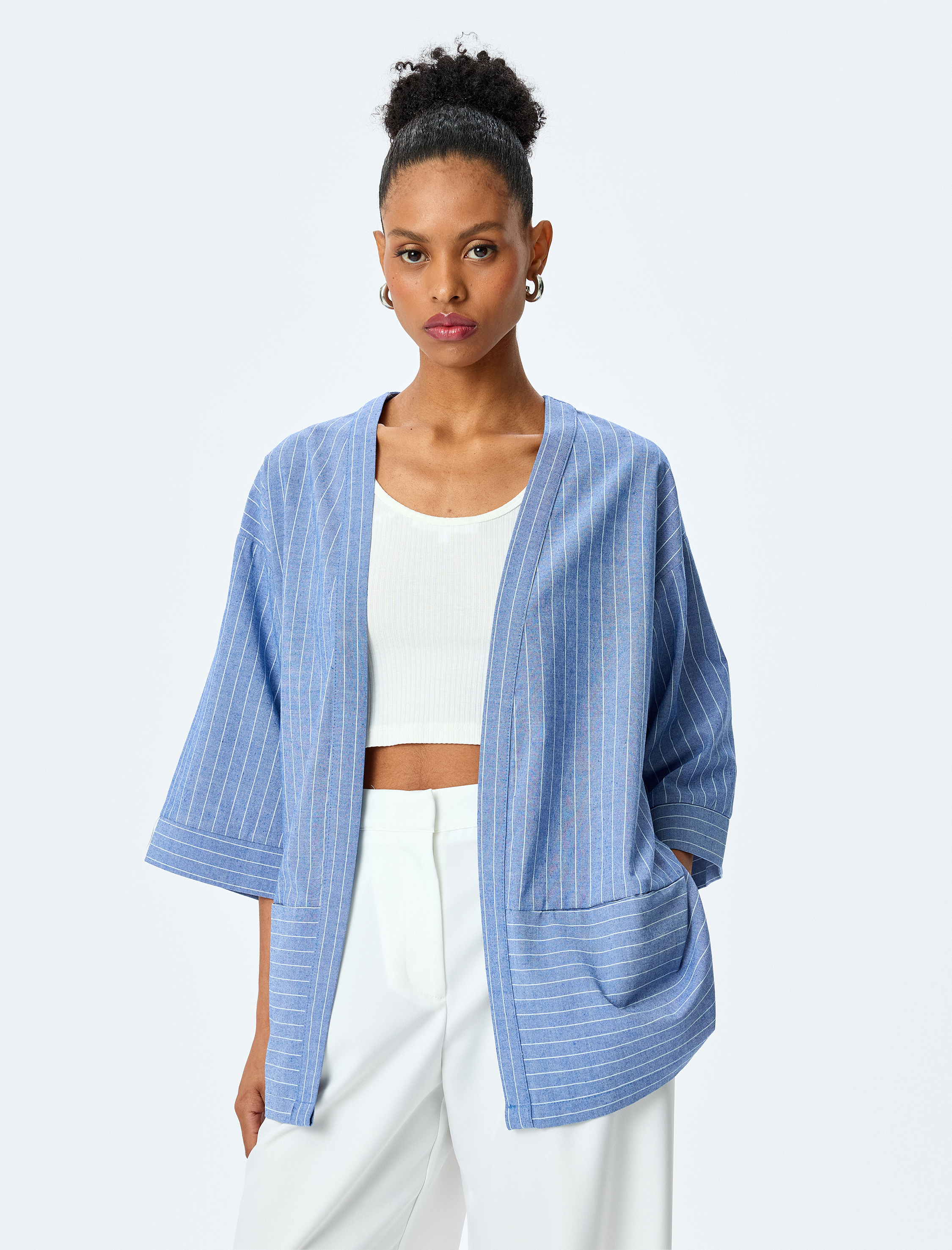 Koton Kadın V Yaka Cep Detaylı Oversize Çizgili Kruvaze Kimono -1