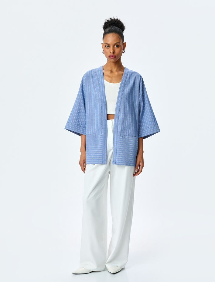  V Yaka Cep Detaylı Oversize Çizgili Kruvaze Kimono