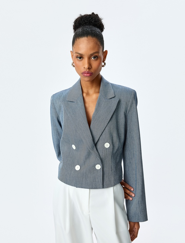 Uzun Kollu Düğmeli Kruvaze Yaka Crop Blazer Ceket_0