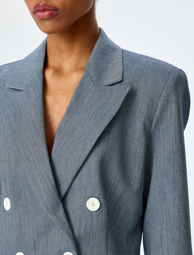 Uzun Kollu Düğmeli Kruvaze Yaka Crop Blazer Ceket_4
