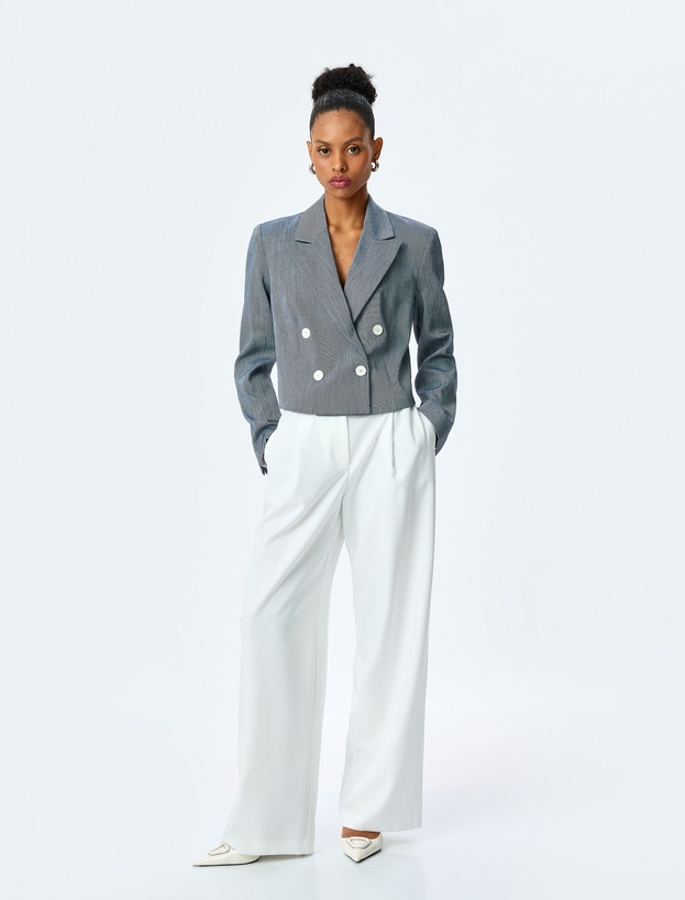 Uzun Kollu Düğmeli Kruvaze Yaka Crop Blazer Ceket_1