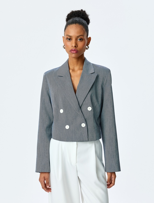 Uzun Kollu Düğmeli Kruvaze Yaka Crop Blazer Ceket_2