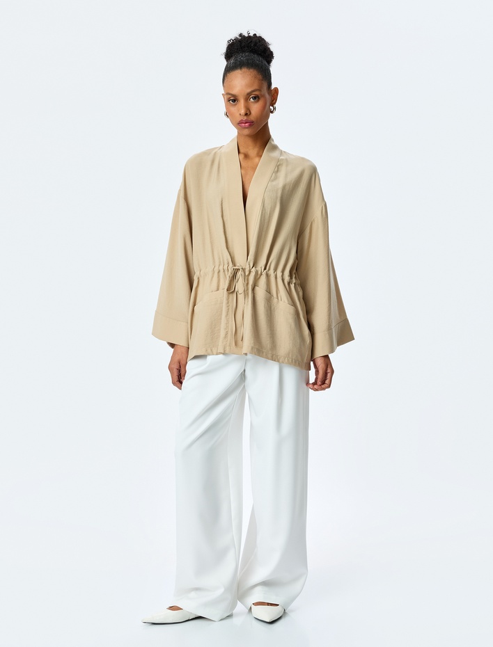  Modal Karışımlı Beli Bağcıklı Oversize Uzun Kollu Kruvaze Kimono
