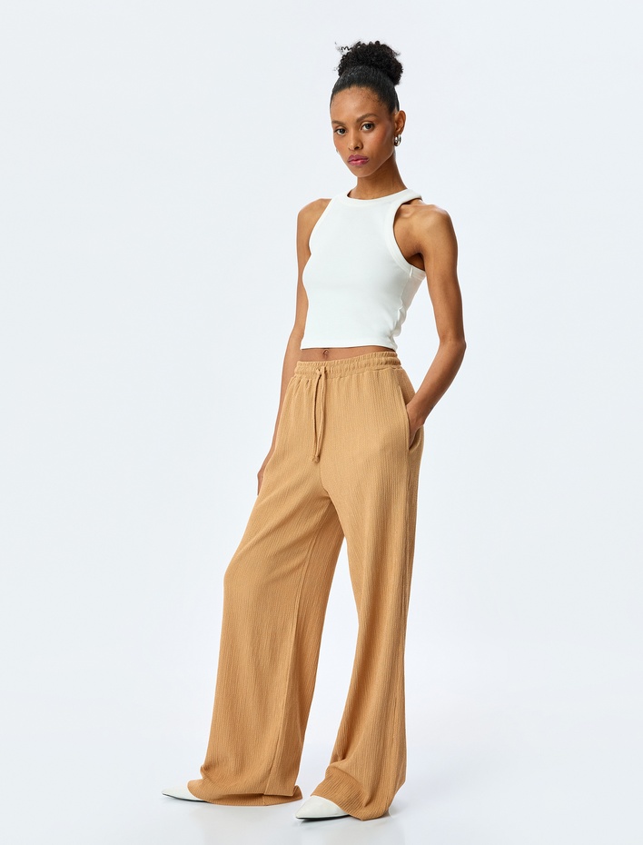  Beli Bağcıklı Dokulu Yüksek Bel Geniş Paça Pantolon