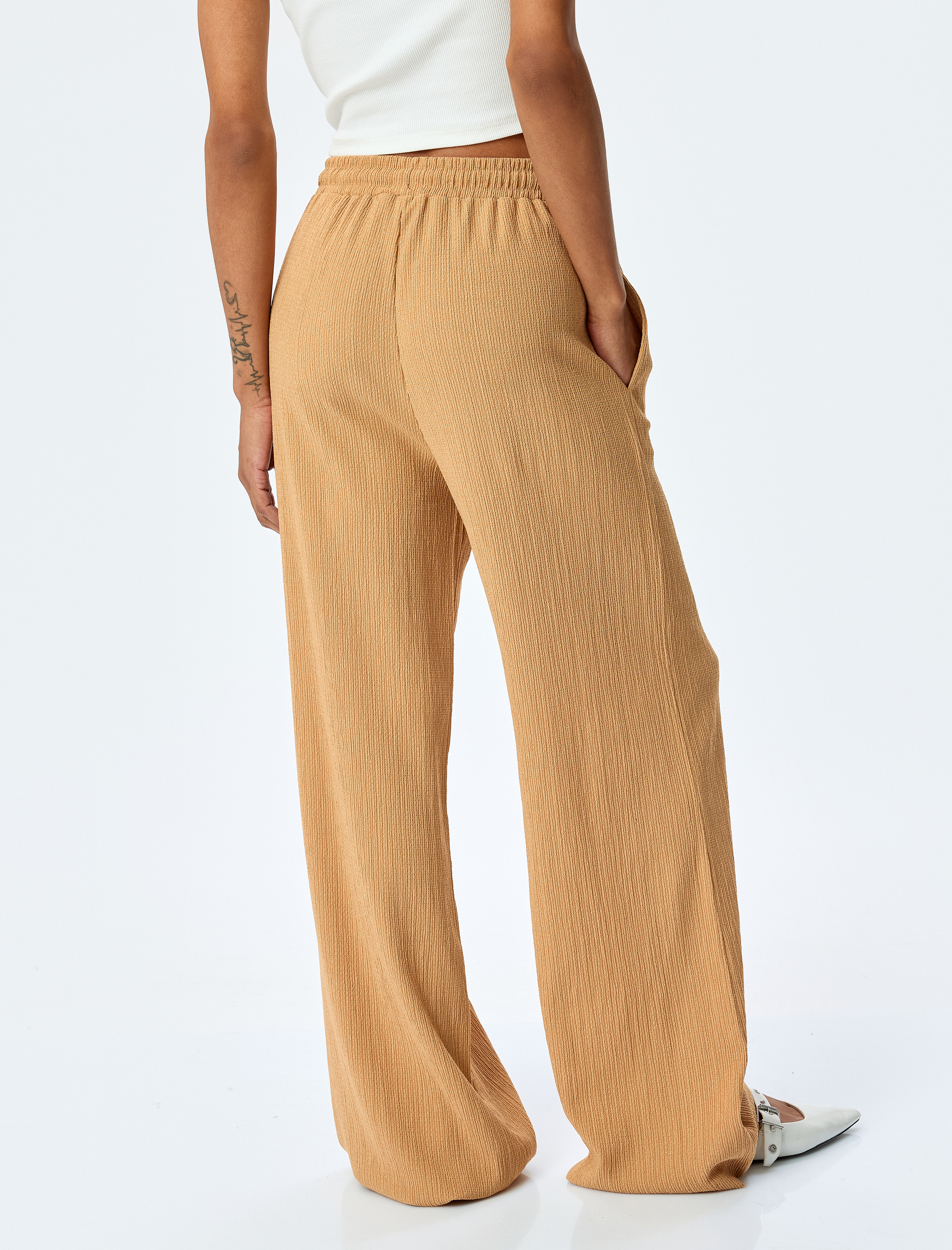   Beli Bağcıklı Dokulu Yüksek Bel Geniş Paça Pantolon