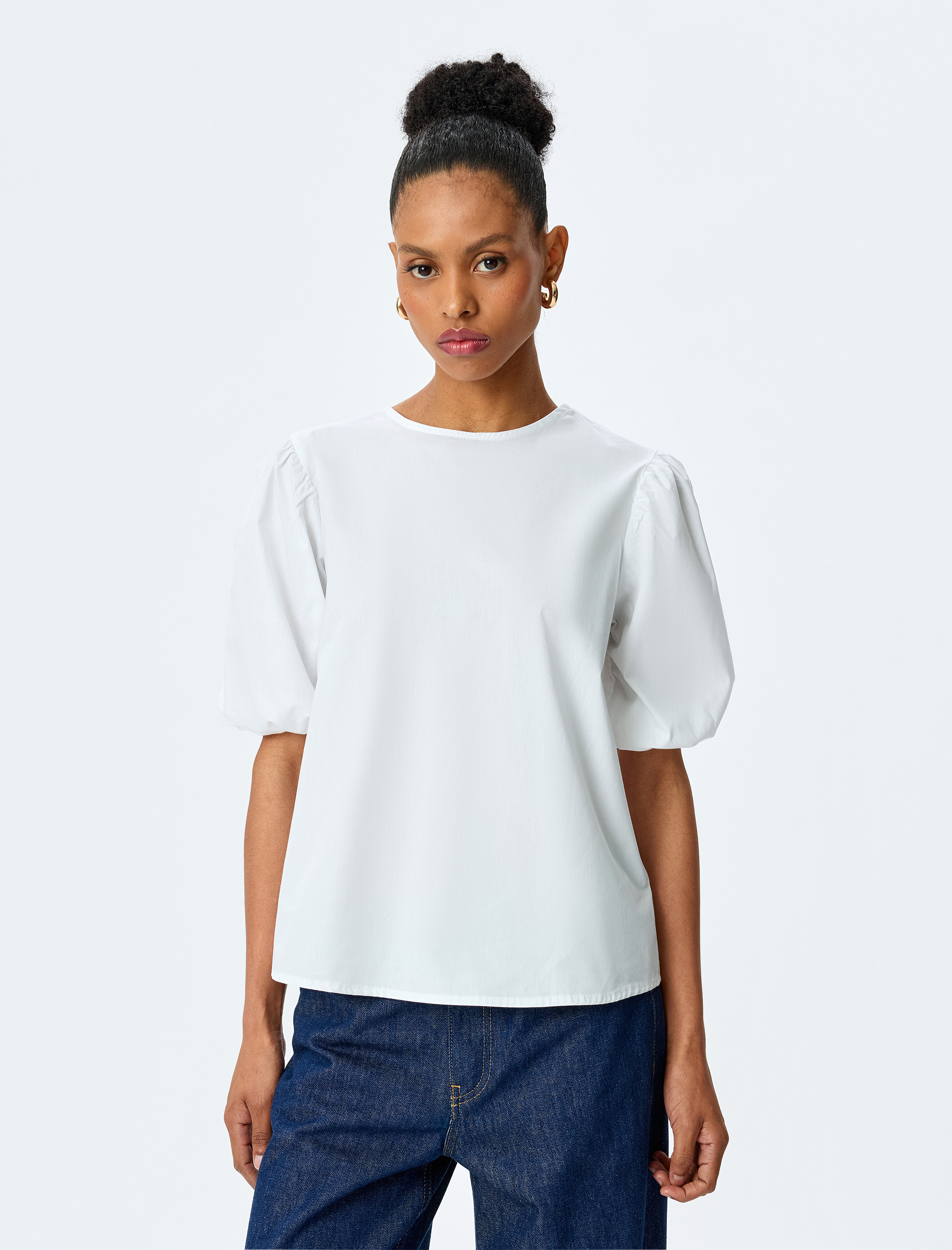   Fiyonk Detaylı Poplin Pamuklu Bisiklet Yaka Balon Kollu Oversize Bluz