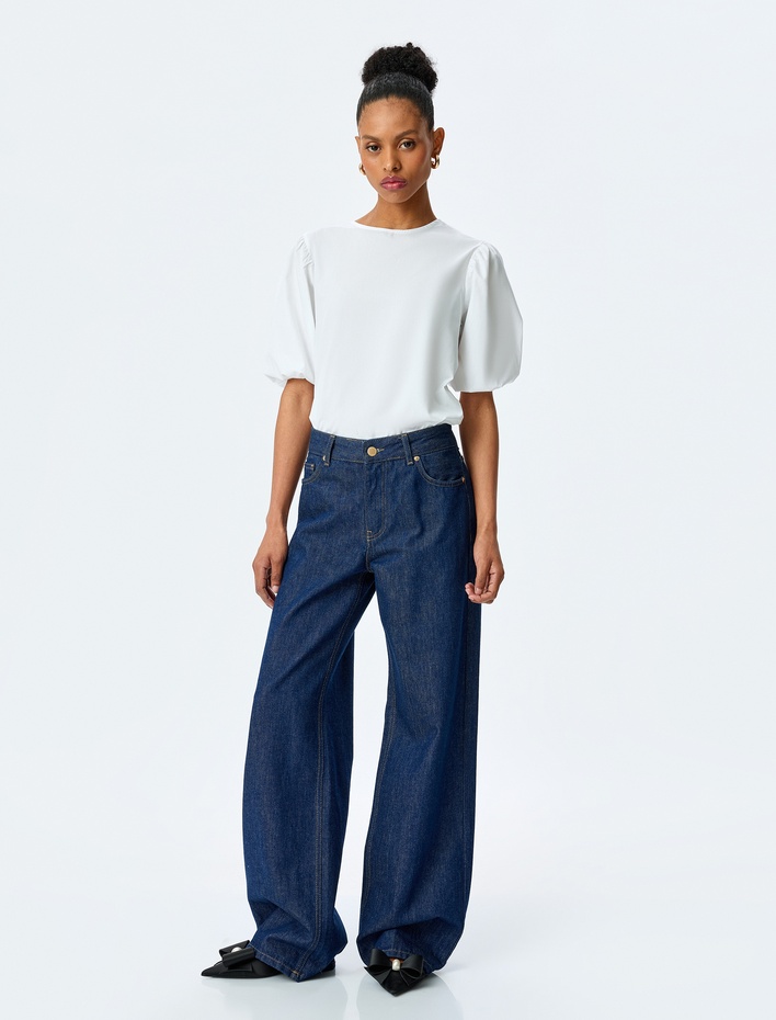  Fiyonk Detaylı Poplin Pamuklu Bisiklet Yaka Balon Kollu Oversize Bluz