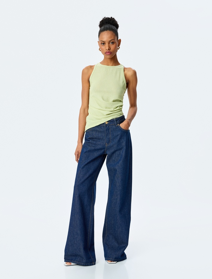  Halter Yaka Viskon Slim Fit Drapeli Kolsuz Bluz