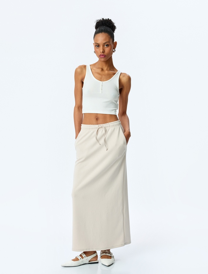  Modal Karışımlı Oversize Beli Bağcıklı Midi Etek