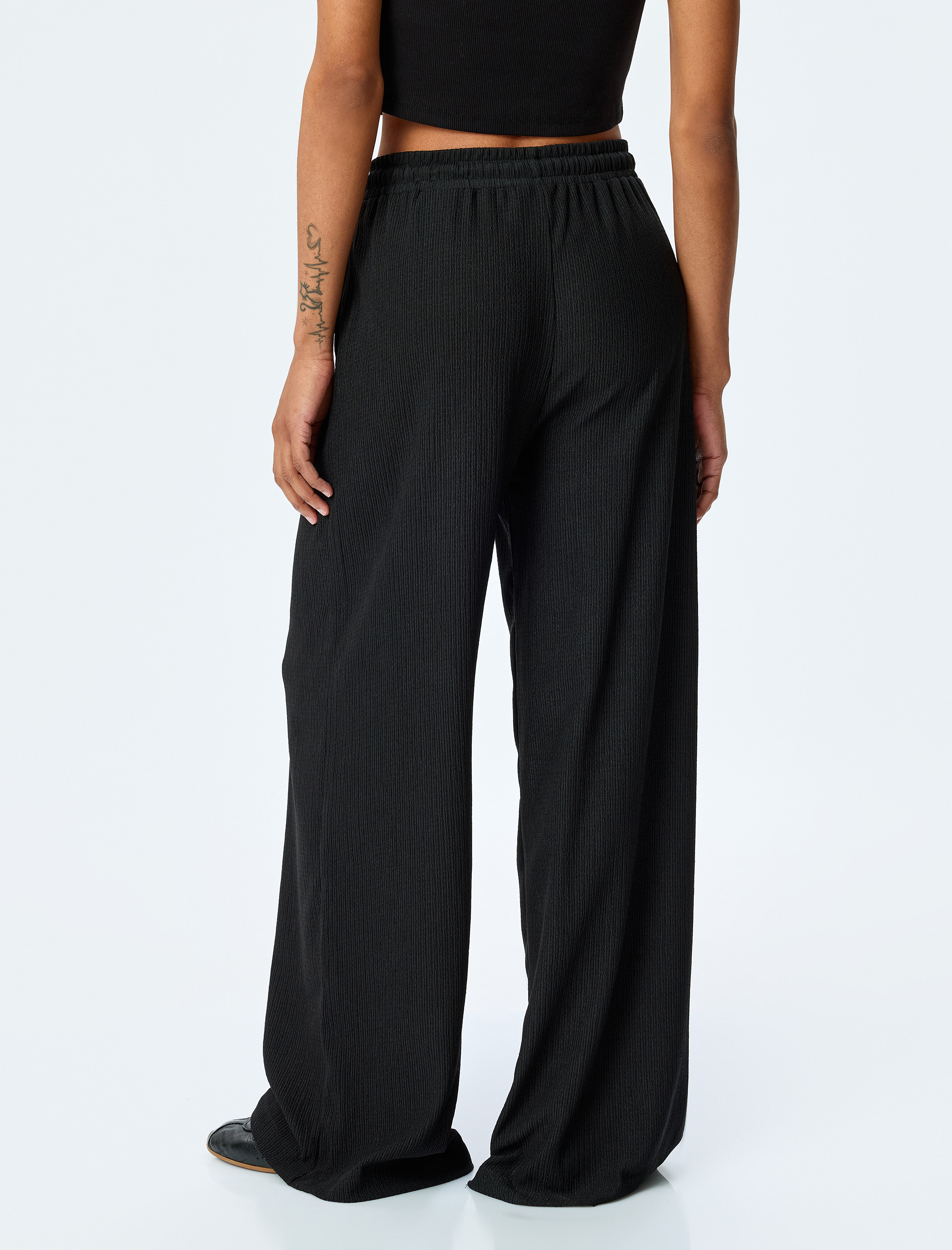   Beli Bağcıklı Dokulu Yüksek Bel Geniş Paça Pantolon