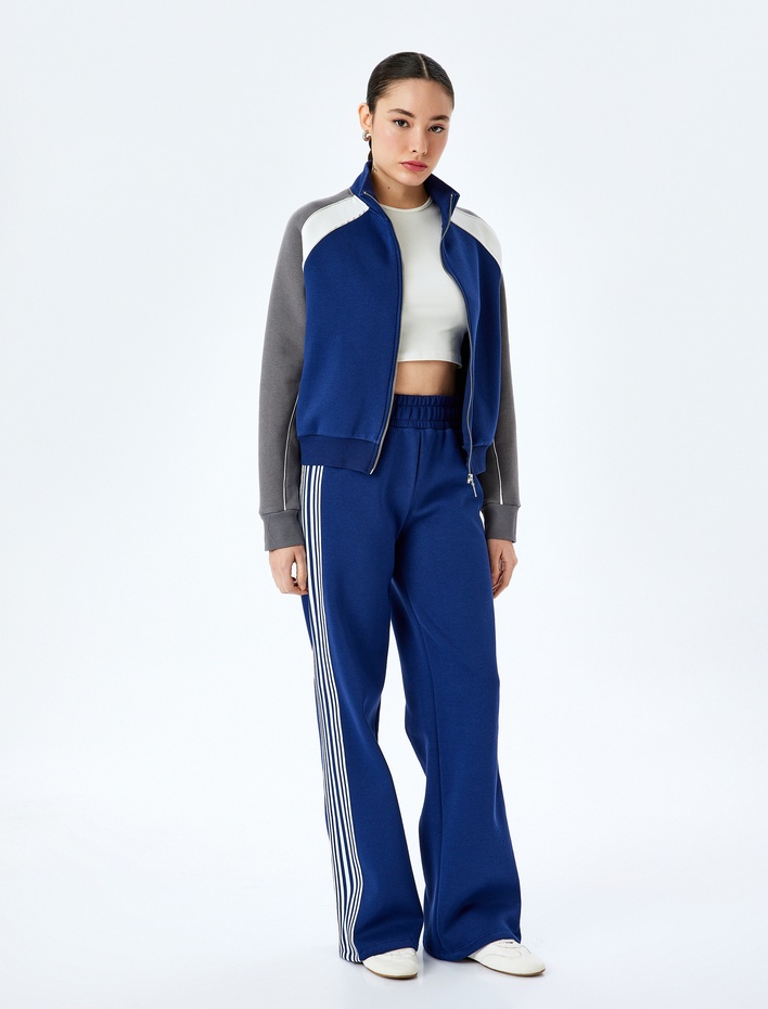  Şardonlu Renk Bloklu Reglan Kol Fermuarlı Sweatshirt