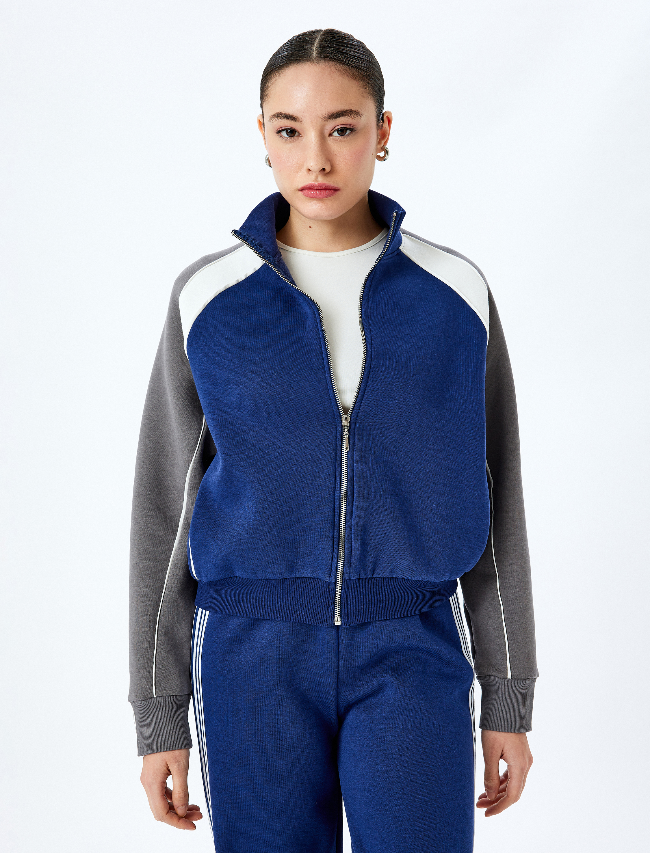 Şardonlu Renk Bloklu Reglan Kol Fermuarlı Sweatshirt