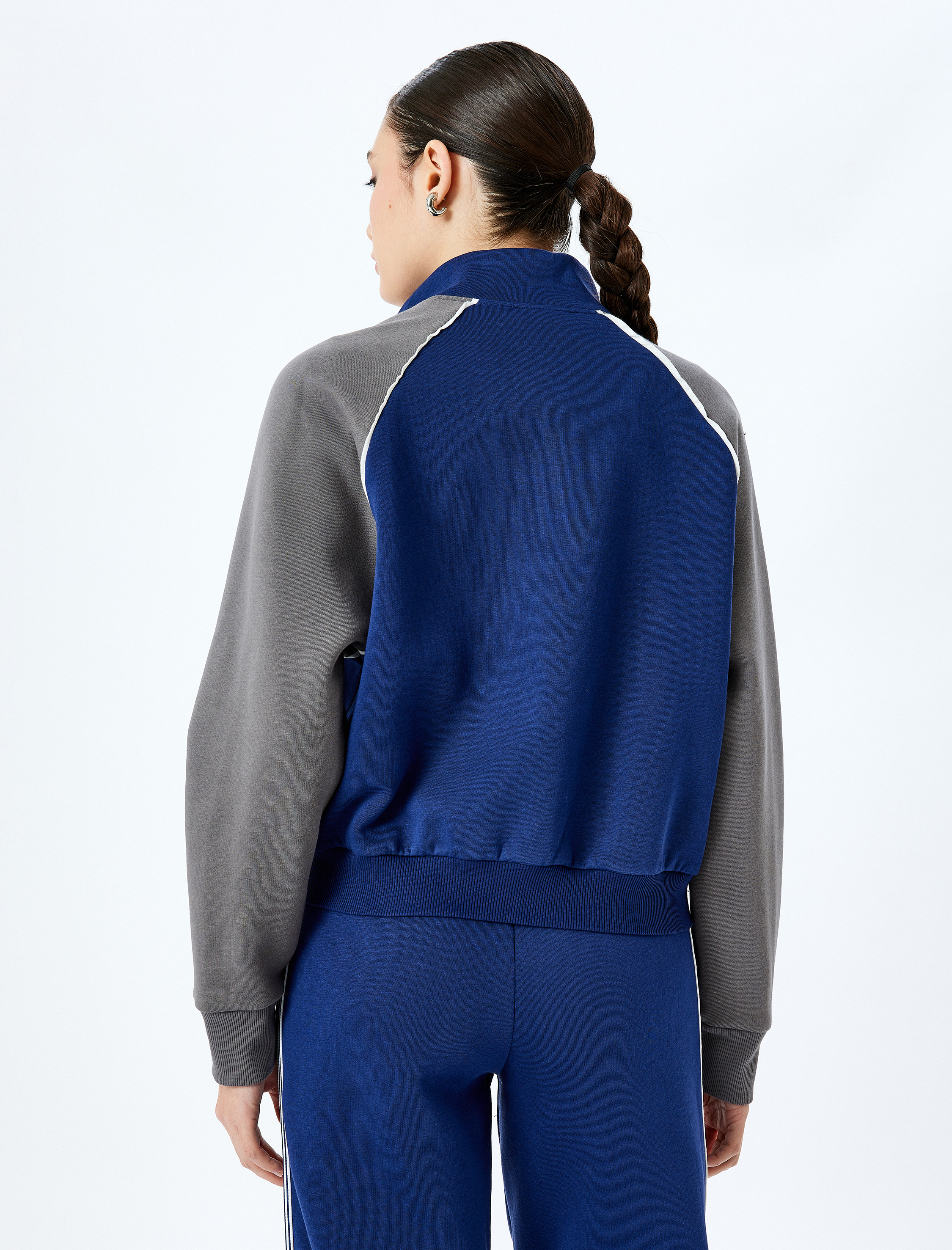 Şardonlu Renk Bloklu Reglan Kol Fermuarlı Sweatshirt