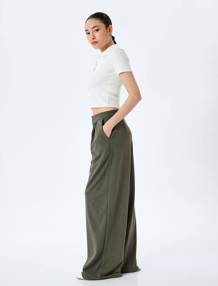  Yüksek Bel Pileli Rahat Kalıp Geniş Paça Pantolon