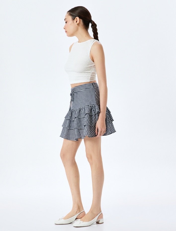  Volanlı Katlı Bağcıklı Ekoseli Mini Etek