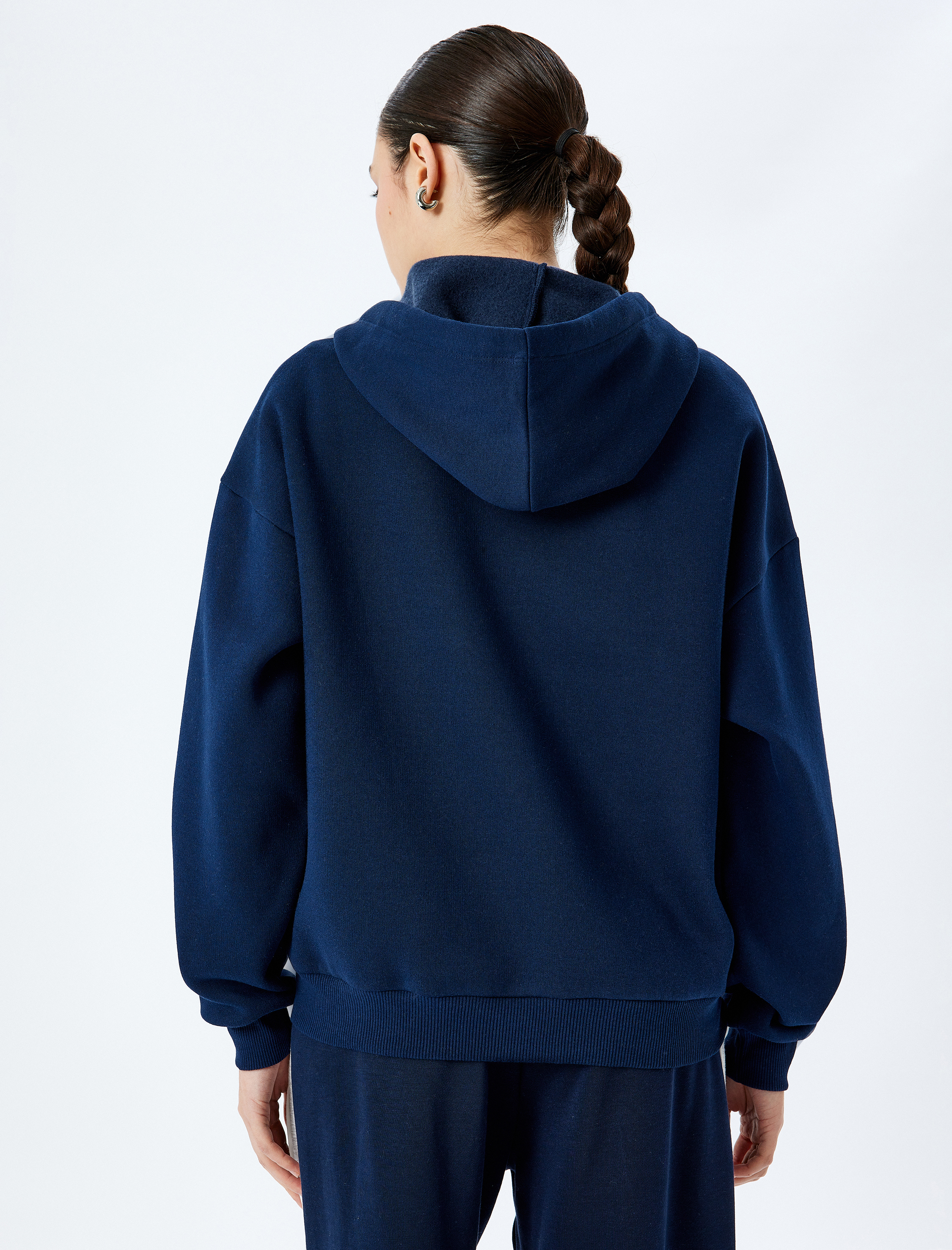 Şardonlu Kapüşonlu Kolej Nakışlı Oversize Fermuarlı Sweatshirt