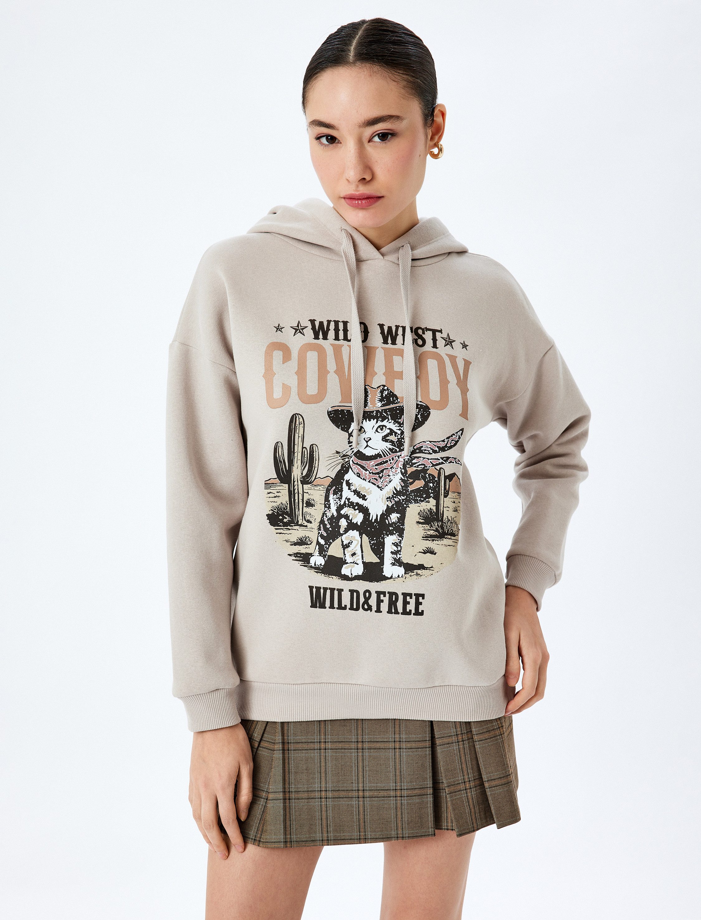  Şardonlu Kapüşonlu Slogan Baskılı Oversize Uzun Kollu Sweatshirt
