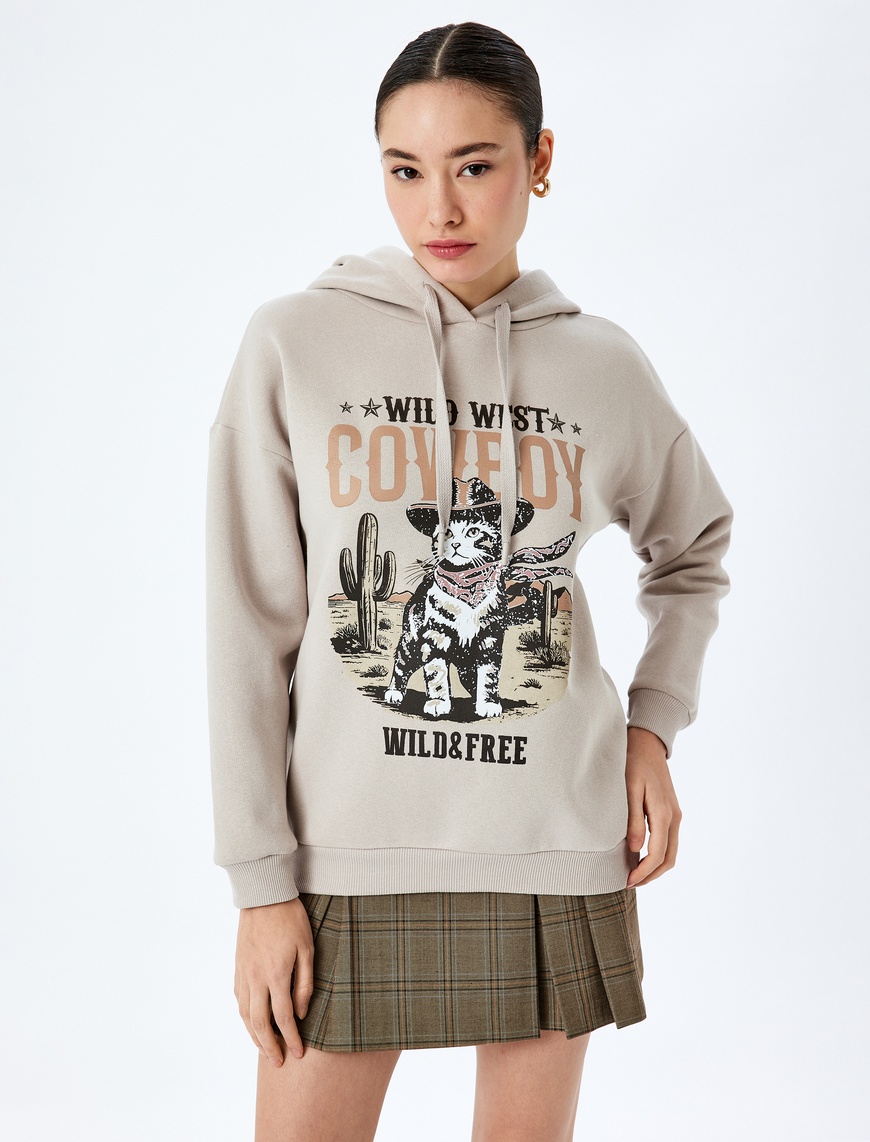   Kapüşonlu Slogan Baskılı Oversize Uzun Kollu Sweatshirt