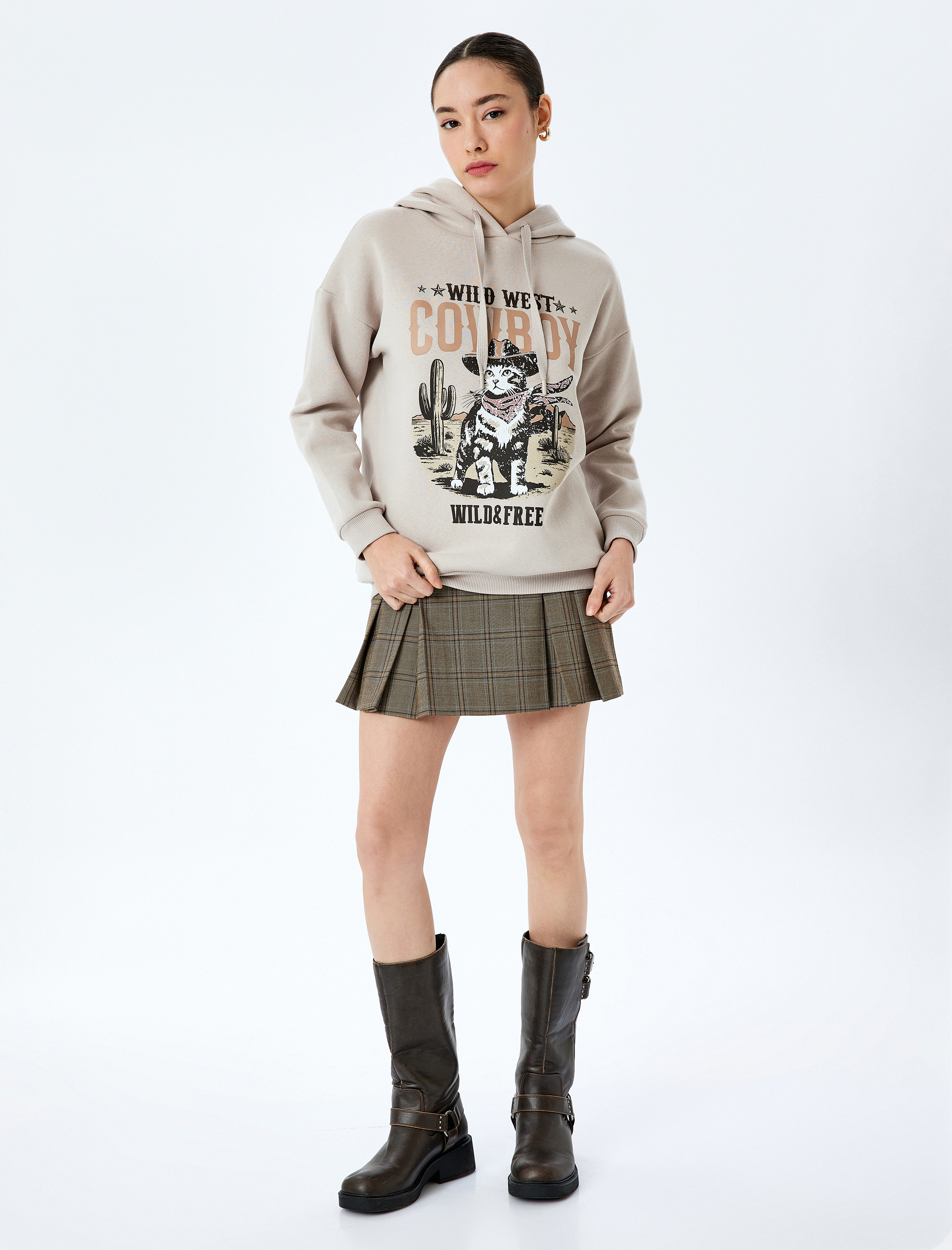   Şardonlu Kapüşonlu Slogan Baskılı Oversize Uzun Kollu Sweatshirt