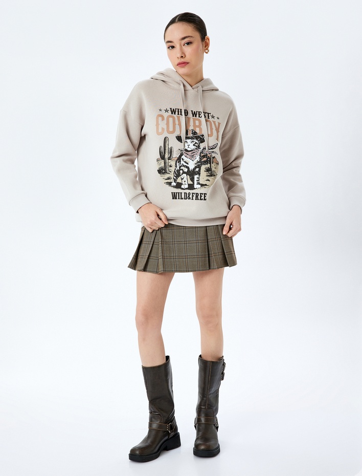  Şardonlu Kapüşonlu Slogan Baskılı Oversize Uzun Kollu Sweatshirt