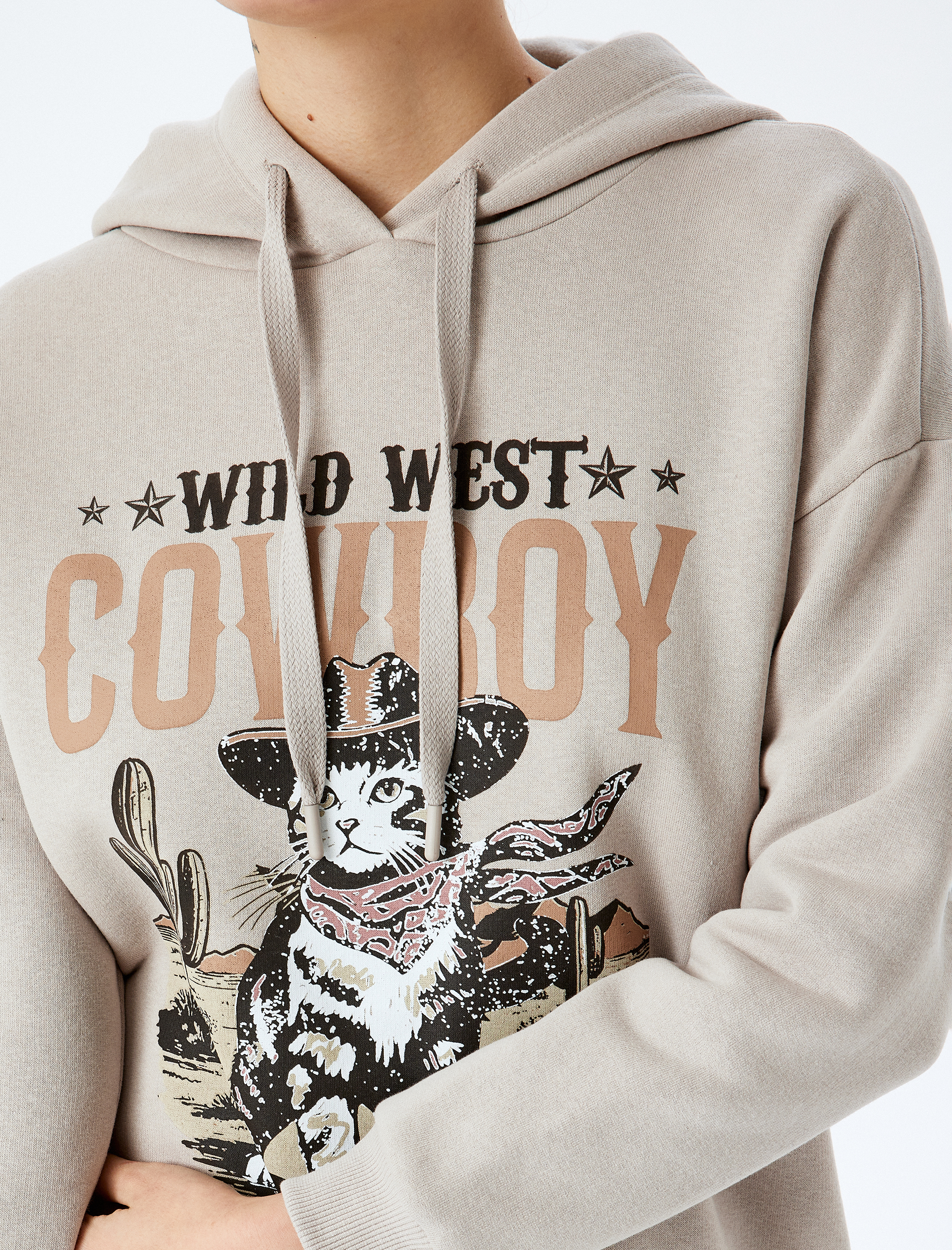   Şardonlu Kapüşonlu Slogan Baskılı Oversize Uzun Kollu Sweatshirt