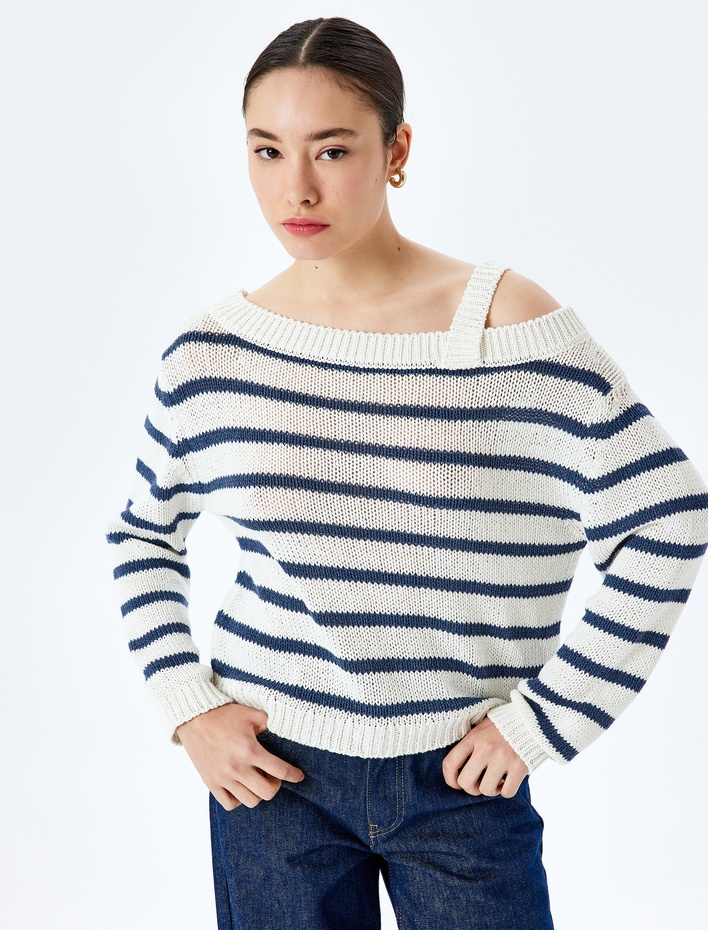  Triko Çizgili Kayık Yaka Uzun Kollu Kazak