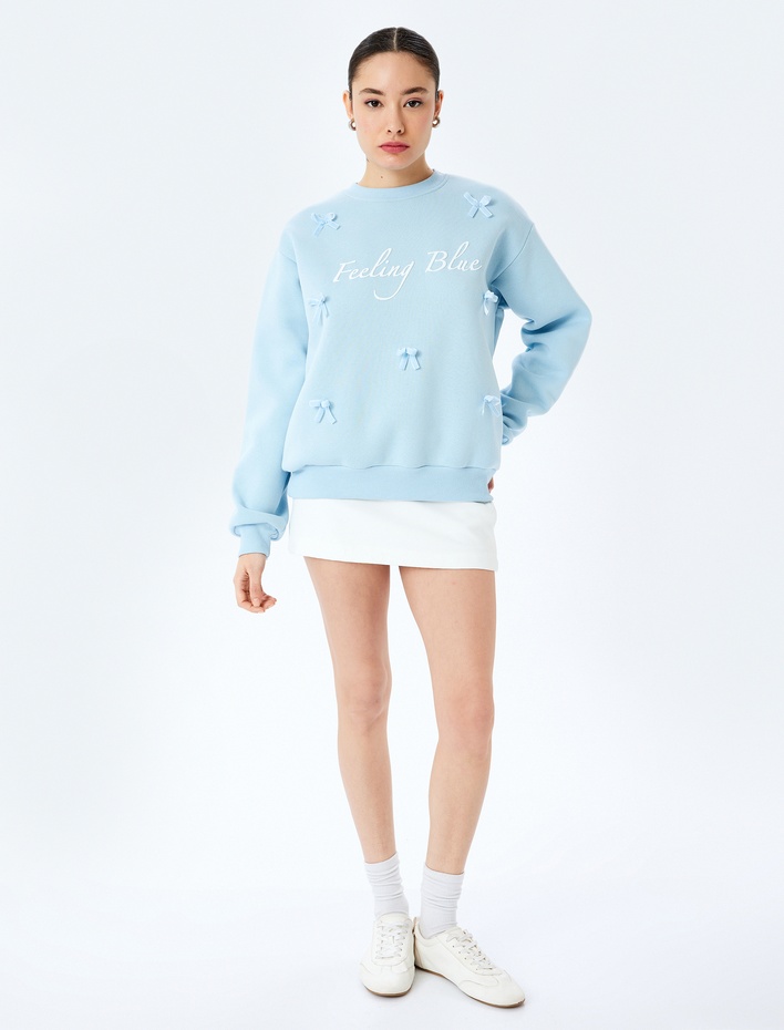  Şardonlu Fiyonklu Slogan Baskılı Bisiklet Yaka Sweatshirt