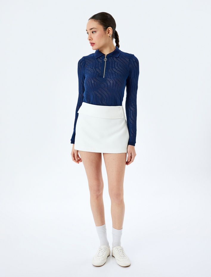  Fermuar Detaylı Uzun Kollu Polo Yaka Dokulu Tişört