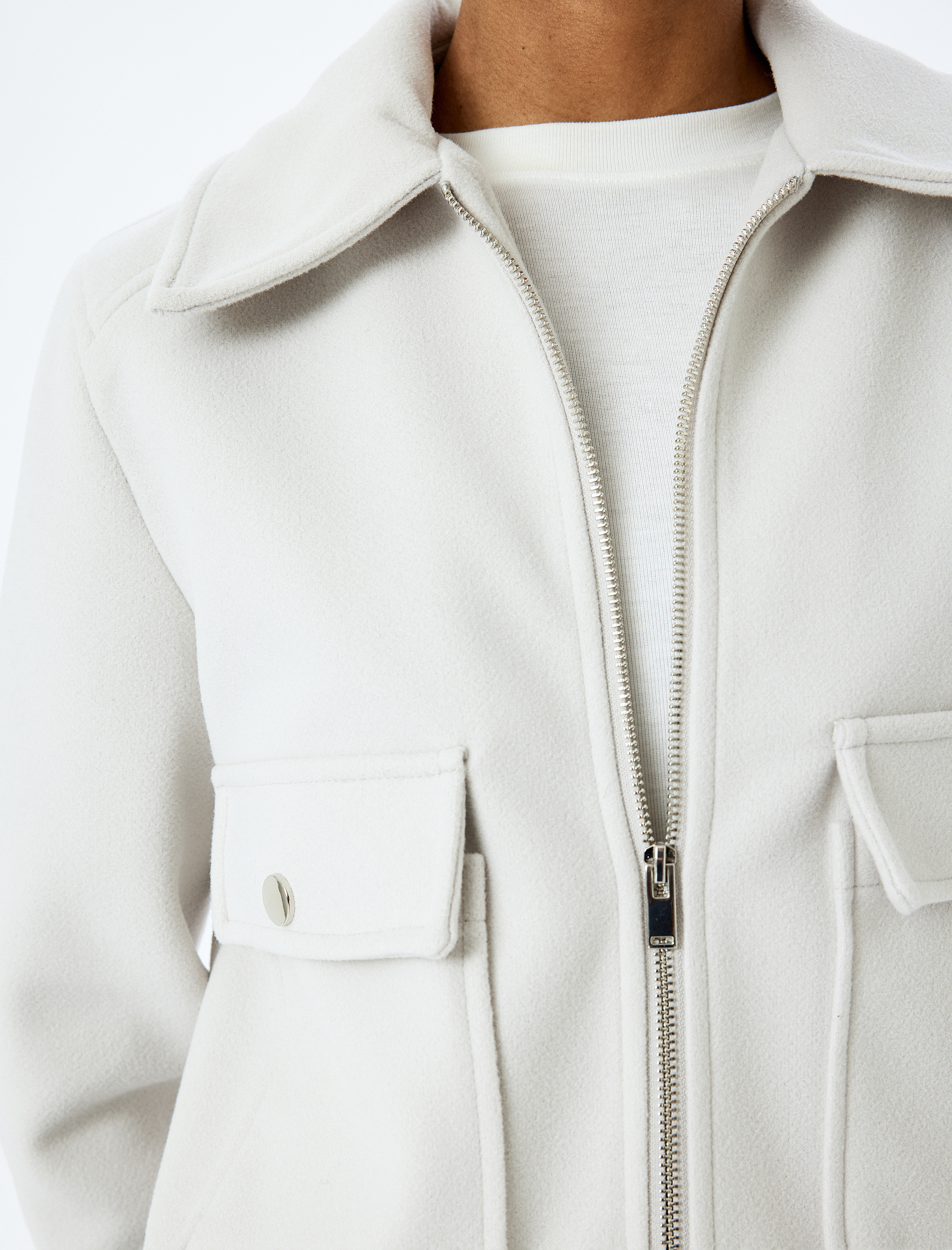   Cep Detaylı Fermuarlı Kaşe Crop Ceket