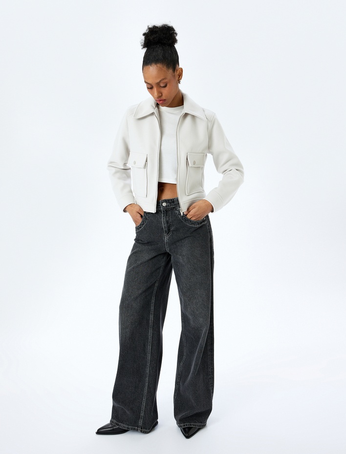  Cep Detaylı Fermuarlı Kaşe Crop Ceket