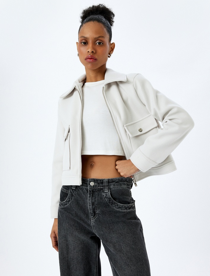  Cep Detaylı Fermuarlı Kaşe Crop Ceket
